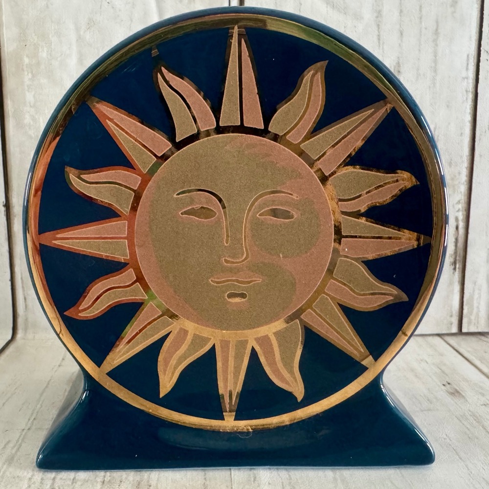 Vintage Springmaid Celestial Sun Face Ceramic Toothbrush Holder Teal Gold 90s